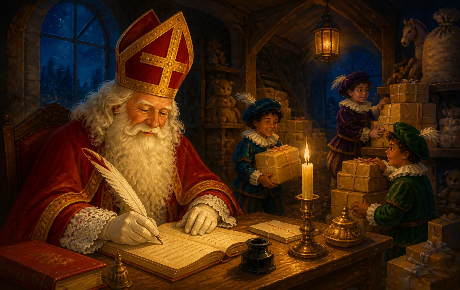 Sinterklaas schrijft bij kaarslicht een brief in zijn grote boek
