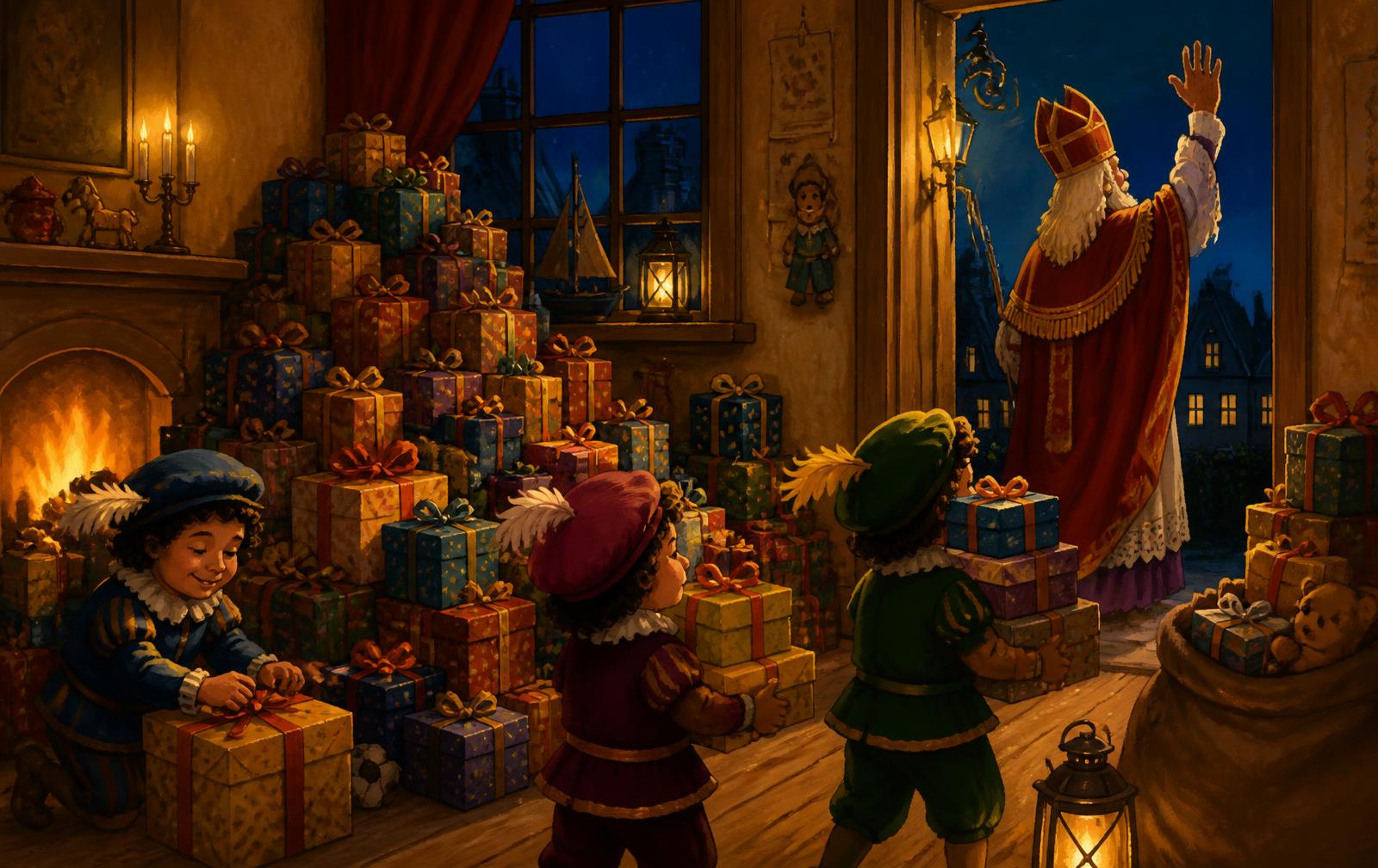 Een kamer vol pakjes; Sinterklaas zwaait in de deuropening